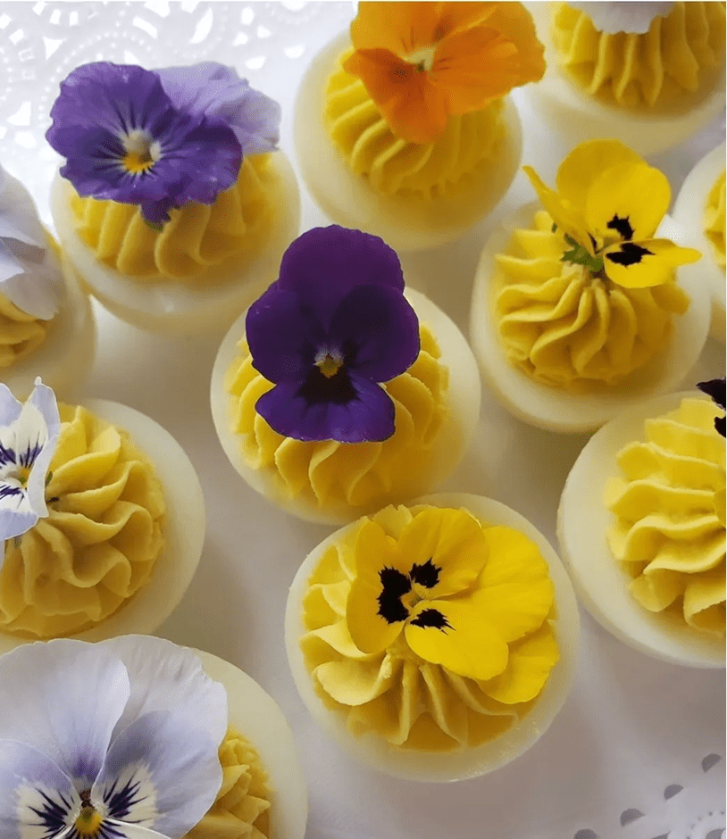Elegant deviled eggs featuring vibrant blossoms